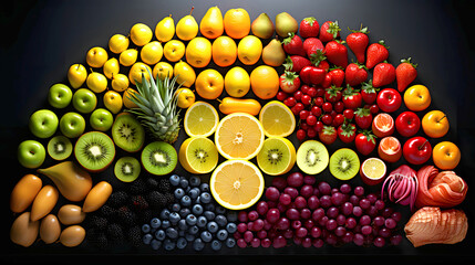 harvest different fruits berries and vegetables on a dark background. products and food. view from above - 767615718