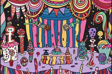 Cartoon cute doodles of a candy theater with stages made of peppermint, curtains of licorice, and actors dressed in costumes made of candy wrappers, Generative AI
