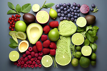 harvest different fruits berries and vegetables on a dark background. products and food. view from above