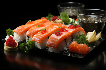 Sushi set on black background. Sushi roll with salmon, tuna, eel, caviar, cream cheese, wasabi and ginger.. Sushi menu. Japanese food