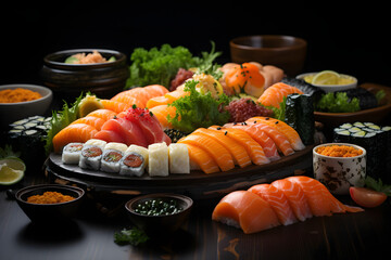 Sushi set with salmon, shrimp, cheese, cucumber, wasabi and ginger on a black background. Sushi menu. Japanese food - 767615943