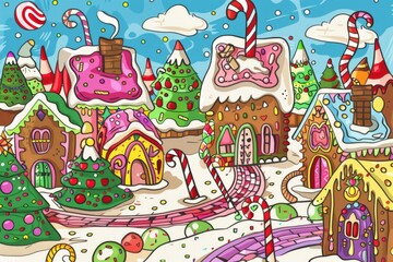 Cartoon cute doodles of a candy village where the houses are made of gingerbread and the streets are paved with candy canes, Generative AI