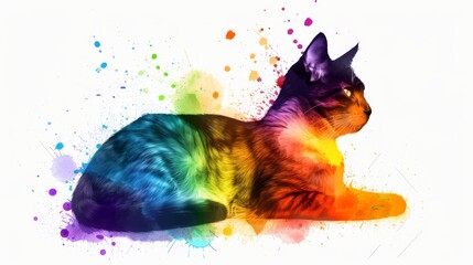  Multicolored feline on white background with paint splatter
