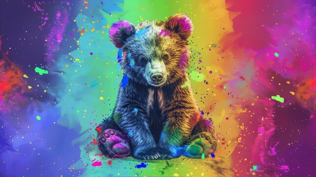  Teddy bear sitting on multicolored background with splashes of paint