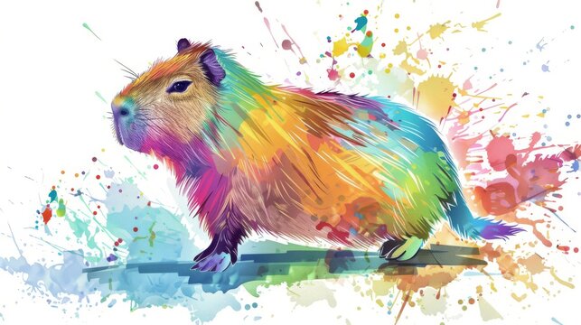  A colorful capybara perched on top of a wooden board with paint spots scattered around it © Nadia