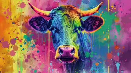  A vibrant portrayal of a bull's visage amidst a backdrop of splashed colors on abstract paper