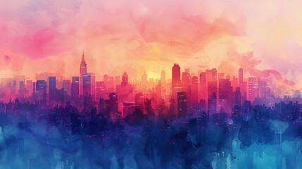 abstract watercolor painting of city skyline in pastel colors, concept of Cityscape painting, created with Generative  technology,   - obrazy, fototapety, plakaty