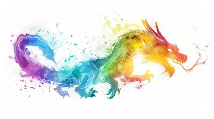  A vibrant dragon on a white background, adorned with specks of color in the form of a rainbow-shaped dragon