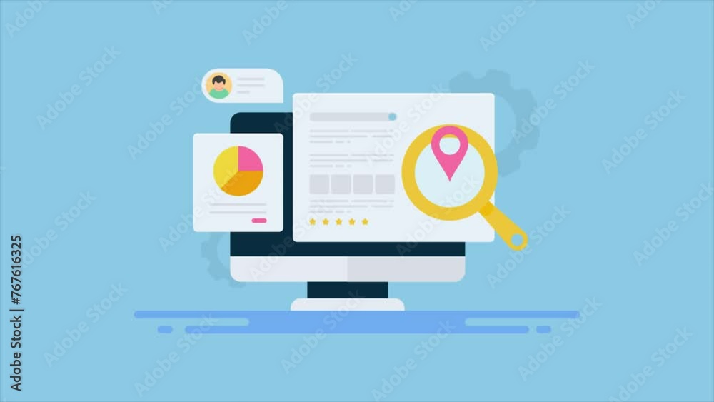 Sticker video animation concept of search engine optimization, local business map search, seo analytics data