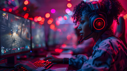 Focused young woman with gaming headphones deeply immersed in playing a competitive video game in a vibrant room with atmospheric lights - obrazy, fototapety, plakaty