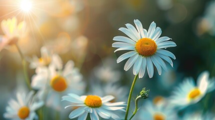 Single daisy flower with sunlight flare. Macro shot with natural background.