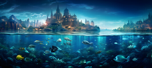 the luxury of the city of Atlantis and its various fish, ai generative