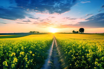 road in a field with yellow flowers against a sunset background