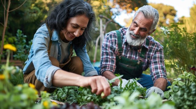 Senior couple gardening together, planting vegetables in home garden