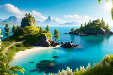Wallpaper of bright spring view of Island. Landscape of Amazing picturesque natural morning. Beauty of nature concept backgrounds. Copy ad text space. Generative Ai illustration
