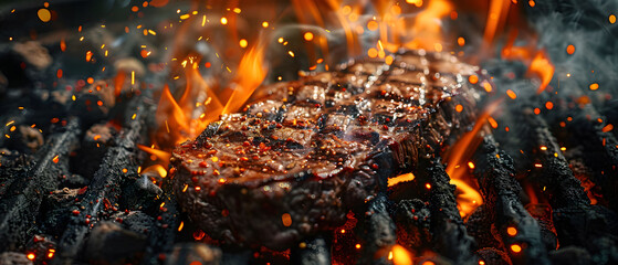 Juicy Steak Grilling Over Fiery Charcoal With Sparks Flying