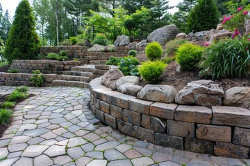 Landscaped backyard with stone retaining walls and a variety of plants. - obrazy, fototapety, plakaty