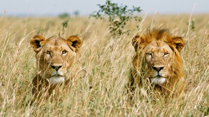 Naklejka premium Faces of lion and lioness among dry grass.