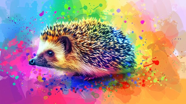  A vibrant photo of a hedgehog against a rainbow backdrop, with a splash of paint on the left side
