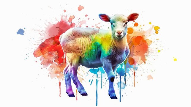  A multi-colored sheep against a white backdrop, with a paint mark on its mug