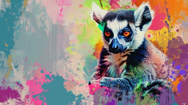  Close-up portrait of a lemur against a vibrant backdrop, with paint marks on its visage