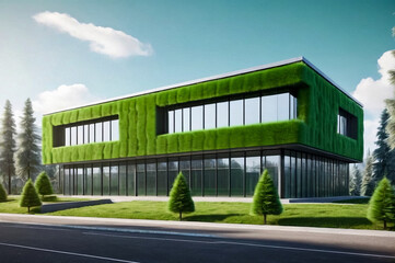 Fototapeta na wymiar Modern office building with green trees. Business concept for real estate, corporate construction and ecology, looking up view of panoramic modern city skyline with blue sky and green tree. Copy space