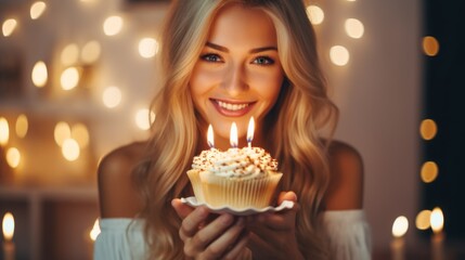 A woman is holding a cupcake with three candles on it and smiling