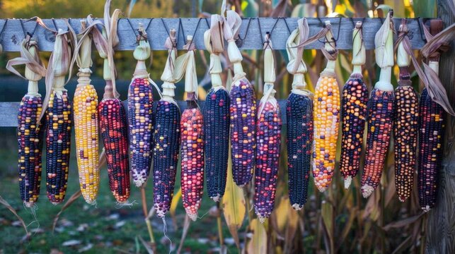 Variety of colorful corn cobs hanging on wooden fence.