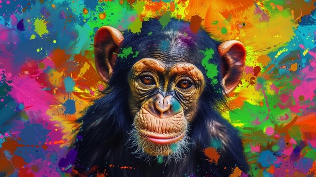 A portrait of a monkey adorned with colorful brushstrokes on its visage