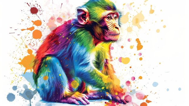  A multicolored monkey perched on a sheet of paper with splattered paint