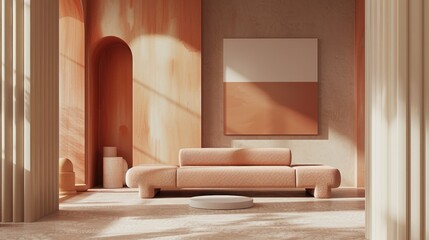 Modern minimalist living room interior with arches and abstract art.