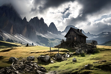 lonely old house against the backdrop of a very beautiful mountain landscape