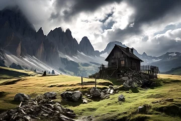 Fotobehang lonely old house against the backdrop of a very beautiful mountain landscape © photosaint