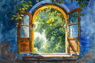 View from the winder in summer garden with trees, watercolor - obrazy, fototapety, plakaty