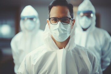 Despondent asian doctor in hazmat ppe surrounded by weary medical staff in clean suits and masks