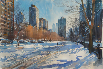 Winter view to the snowy street with uncleaned road and big  buildings around, watercolor