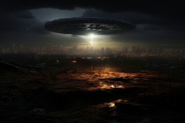 Alien invasion. extraterrestrial spaceship attacks earth - sci-fi illustration