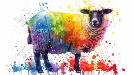  Watercolor depiction of a sheep amidst pure white, adorned with splashes of vibrant hues - obrazy, fototapety, plakaty