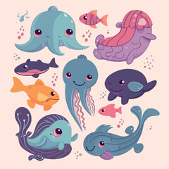 Cute sea animals set cartoon vector illustration 