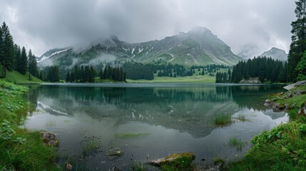 Alpine lake with reflections and surrounding mountains.