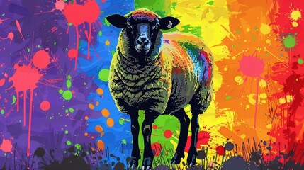  A colorful abstract background with a sheep standing in front, surrounded by paint splatters