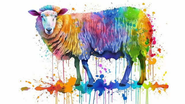  A rainbow-colored lamb stands against a pure backdrop, dabbed with colorful spots