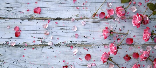 Valentine-themed backdrop featuring pink roses and petals scattered on white weathered wood, creating a romantic setting for a mockup to celebrate lovers day.