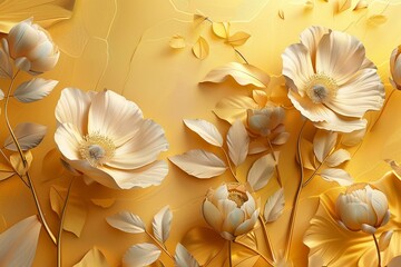 3d wallpaper flowers with stems and leaves - obrazy, fototapety, plakaty
