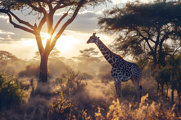 giraffe in the African savanna in the sunlight. mammals and wildlife - obrazy, fototapety, plakaty