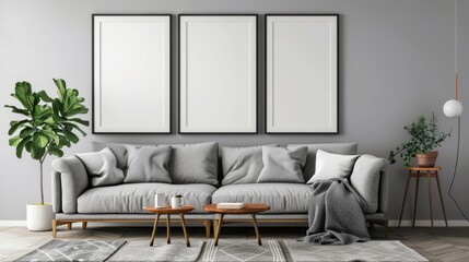 Modern living room interior with grey sofa and blank picture frames.