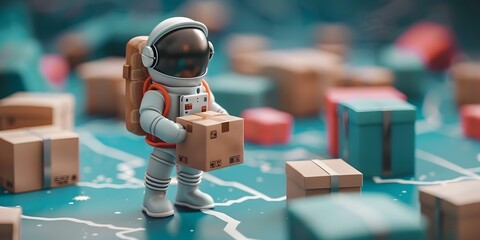 An astronaut in a spacesuit navigates a surreal geometric landscape filled with floating cargo boxes - obrazy, fototapety, plakaty