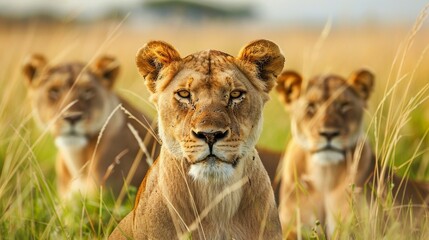 3 Lionesses on the grass and looking at the camera.