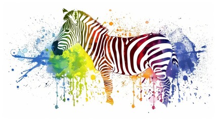 Fototapeta premium Watercolor depicts zebra on white backdrop with splashed paint