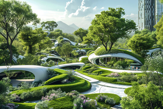 Futuristic city parks and green spaces with advanced technology.